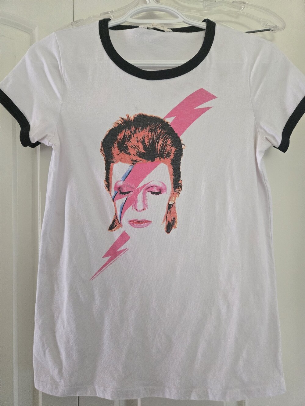 Urban Heritage Woman's David Bowie White Ringer Tee with Pink Lightning Graphic